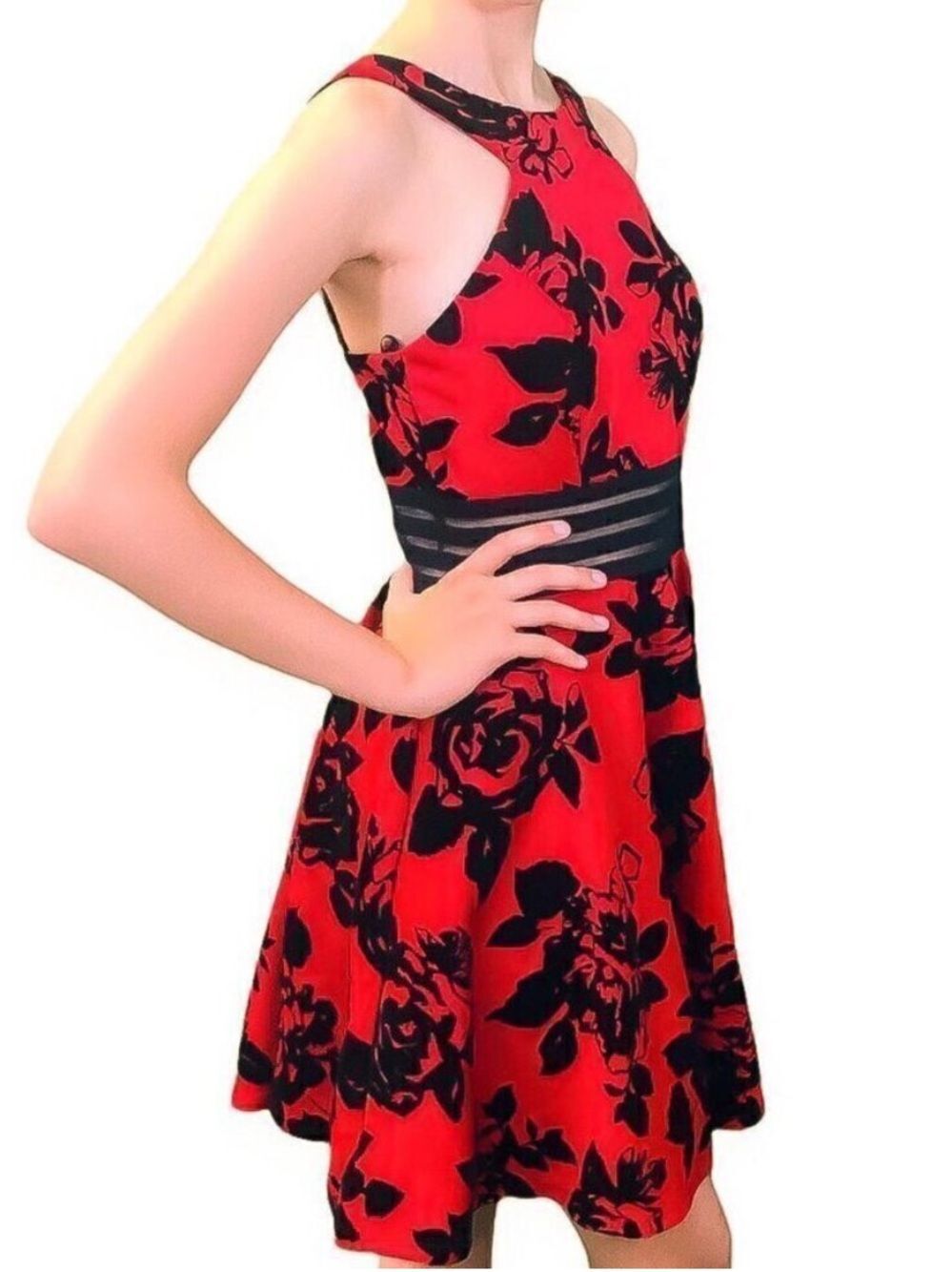 City Studio Floral Velvet Mini Halter Dress Red Black Junior Size 11